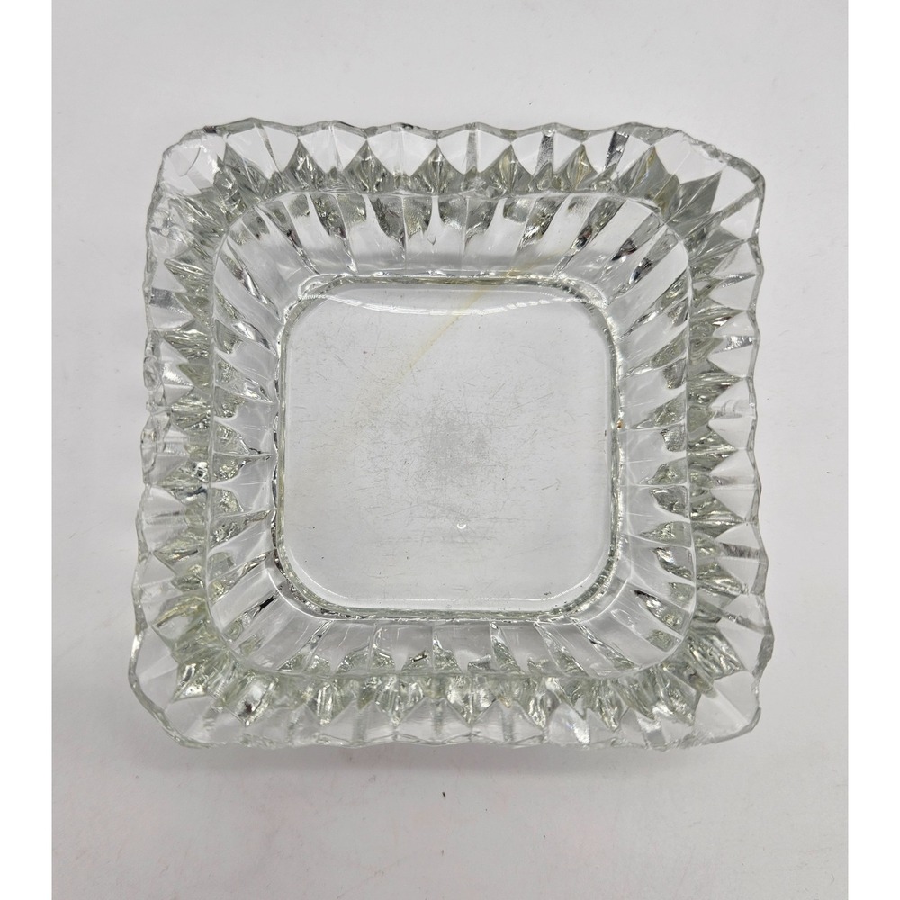 Vintage Clear Pressed Glass Square Ashtray Scalloped Edge Mid Century Modern 3in
